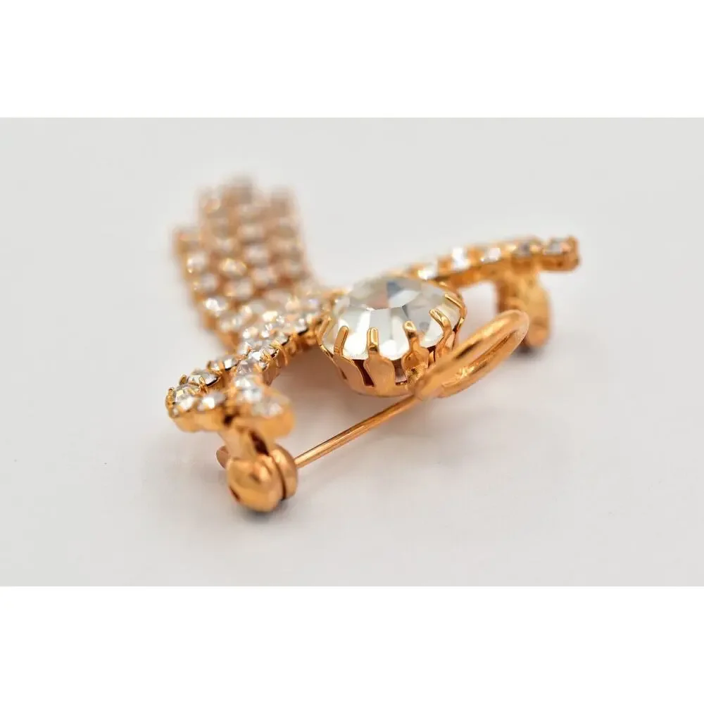 Vintage Crystal Angel Pin Brooch Prong Rhinestone Halo Gold Tone Fringe BinAL